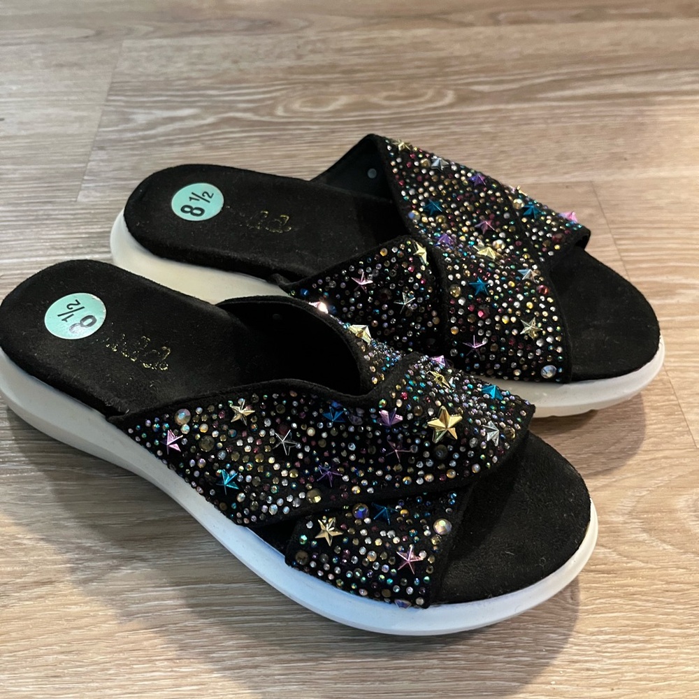 Sparkle Embellished Black Slide Sandals Sz 8.5